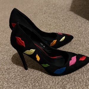Colorful Embroidered Lips Women's Heels